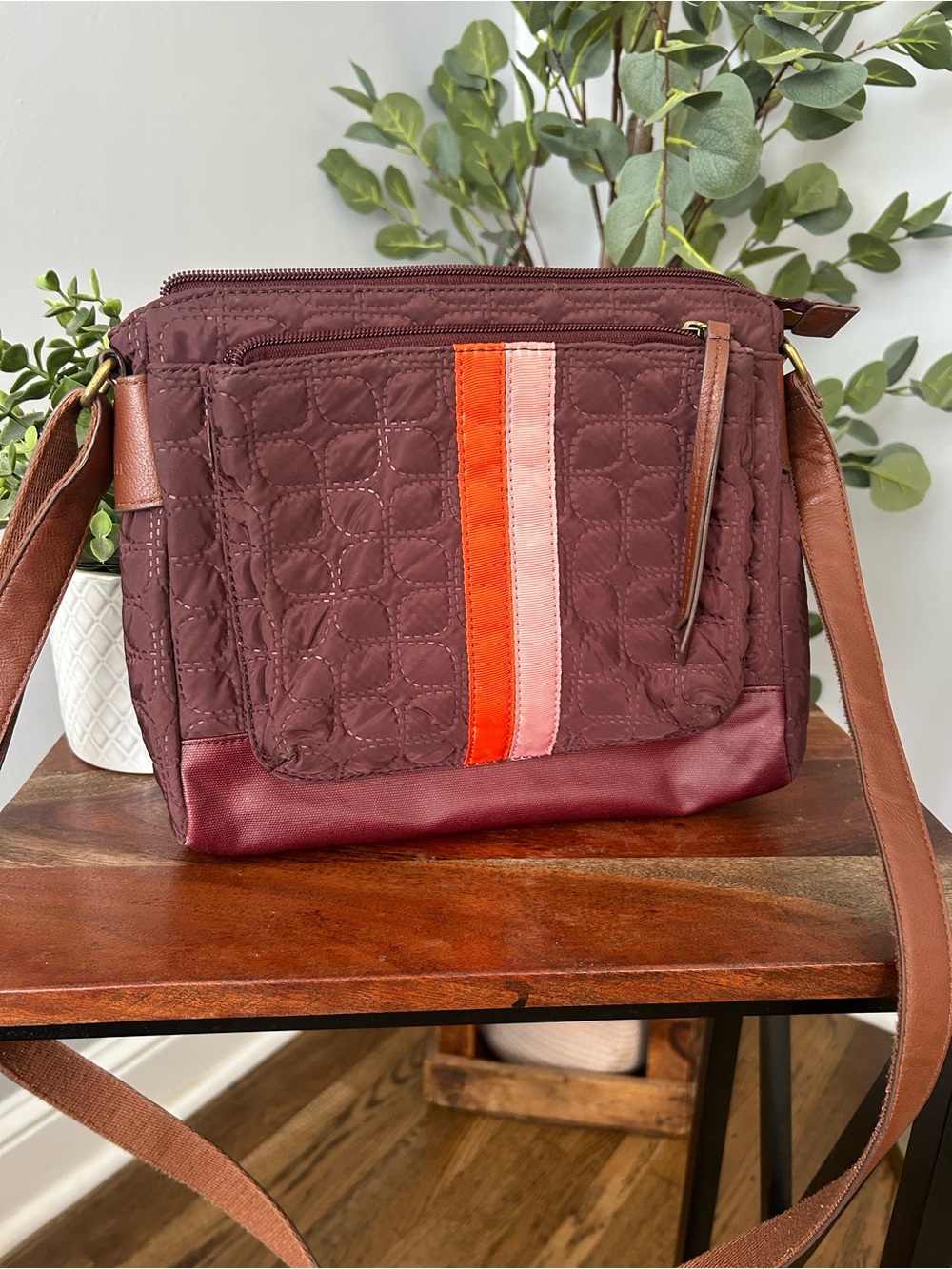 Fossil Quilted Crossbody Bag in Burgundy with Contrast Stripes